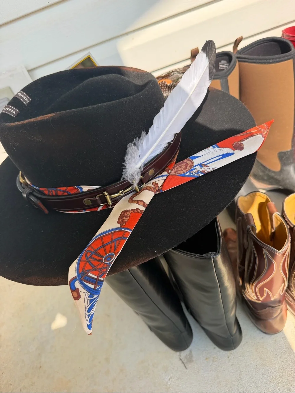 Custom Black Hermes Felt Fedora with Multicolor Scarf Band and Feather